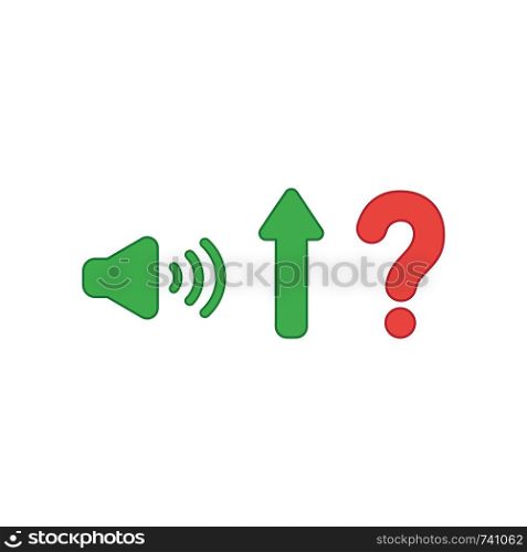Vector icon concept of high speaker sound, loud voice, arrow moving up and red question mark. Colored outlines.