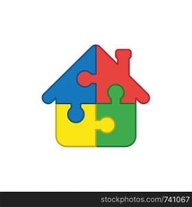 Vector icon concept of house shape blue, red, yellow and green puzzle pieces connected. Colored outlines.