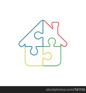 Vector icon concept of house shape blue, red, yellow and green puzzle pieces connected. White background and colored.