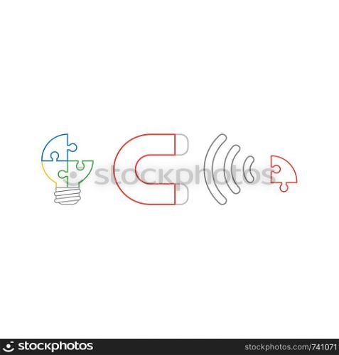Vector icon concept of jigsaw puzzle light bulb with magnet attracting missing red puzzle piece. White background and colored.
