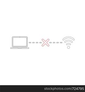 Vector icon concept of laptop connection failure with x mark to wifi wireless network. White background and colored outlines.
