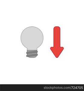 Vector icon concept of light bulb with arrow moving down. Colored outlines.