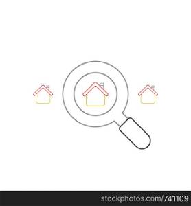 Vector icon concept of look for house with big magnifying glass. White background and colored.