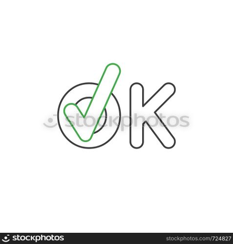 Vector icon concept of ok word text with check mark. White background and colored outlines.