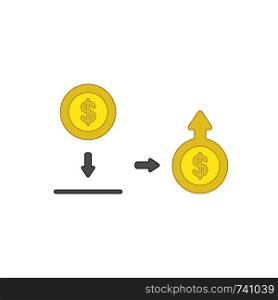 Vector icon concept of putting and saving dollar money coin into moneybox and increase of money with arrow moving up on coin. Colored outlines.