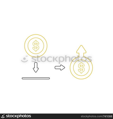 Vector icon concept of putting and saving dollar money coin into moneybox and increase of money with arrow moving up on coin. White background and colored.