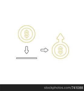 Vector icon concept of putting and saving dollar money coin into moneybox and increase of money with arrow moving up on coin. White background and colored.