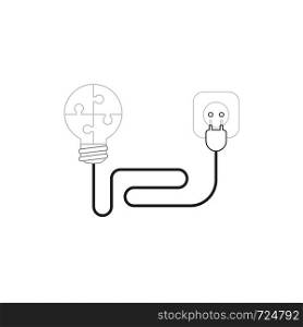 Vector icon concept of puzzle light bulb with cable, electrical plug and outlet. White background and colored outlines.