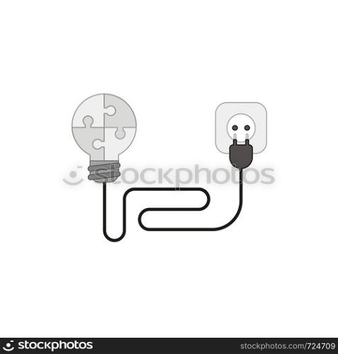 Vector icon concept of puzzle light bulb with cable, electrical plug and outlet. Colored outlines.