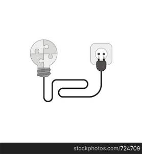 Vector icon concept of puzzle light bulb with cable, electrical plug and outlet. Colored outlines.