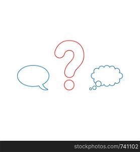 Vector icon concept of red question mark between blue speech bubble and thought bubble. White background and colored.