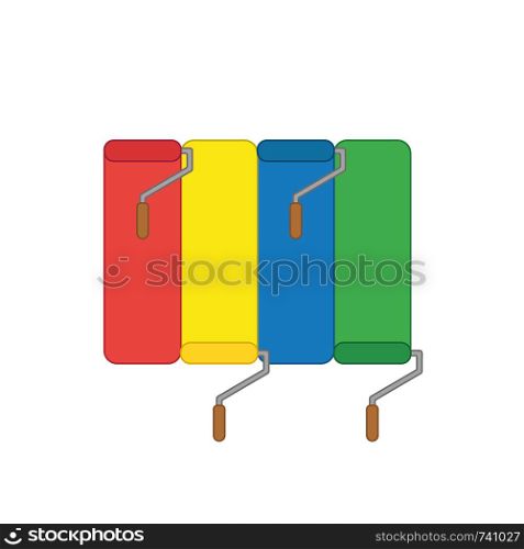 Vector icon concept of red, yellow, blue and green paint brushes painting wall in four colors. Colored outlines.