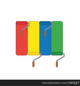 Vector icon concept of red, yellow, blue and green paint brushes painting wall in four colors. Colored outlines.
