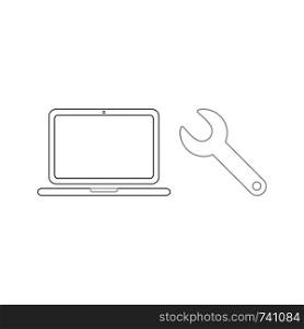 Vector icon concept of repair black laptop computer with grey spanner. White background and colored.