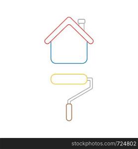 Vector icon concept of roller paint brush painting house. White background and colored outlines.