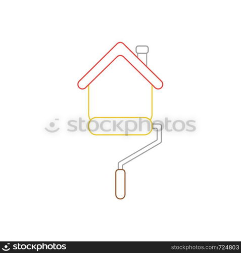 Vector icon concept of roller paint brush painting house. White background and colored outlines.