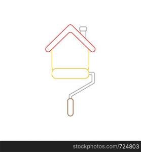 Vector icon concept of roller paint brush painting house. White background and colored outlines.