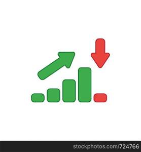 Vector icon concept of sales bar chart moving up and moving down with arrows pointing up and down. Colored outlines.