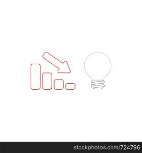 Vector icon concept of sales bar chart with arrow pointing down and light bulb symbolizes bad idea. White background and colored outlines.