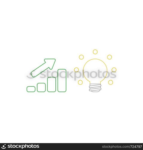 Vector icon concept of sales bar chart with arrow pointing up and glowing light bulb symbolizes good idea. White background and colored outlines.