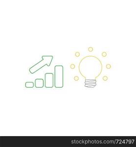 Vector icon concept of sales bar chart with arrow pointing up and glowing light bulb symbolizes good idea. White background and colored outlines.