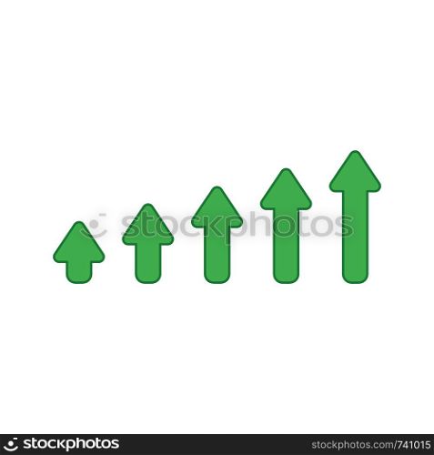 Vector icon concept of sales bar chart with green arrows moving up. Colored outlines.