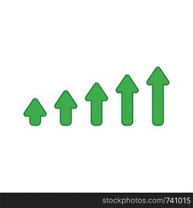 Vector icon concept of sales bar chart with green arrows moving up. Colored outlines.