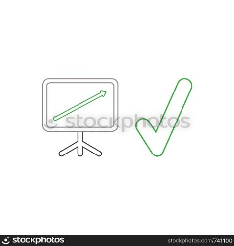 Vector icon concept of sales chart with green arrow moving up and green check mark. White background and colored.
