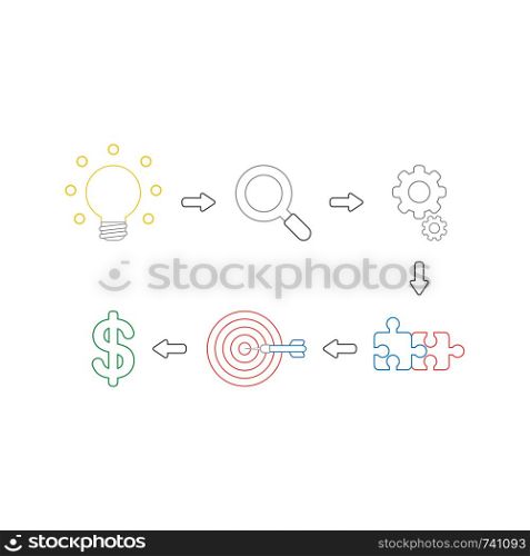 Vector icon concept of success with glowing light bulb idea, magnifying glass, gears, connected jigsaw puzzle pieces, bulls eye and dart in the center and dollar. White background and colored.