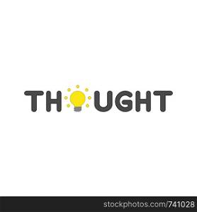 Vector icon concept of thought word with glowing yellow light bulb. Colored outlines.