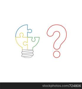Vector icon concept of three pieces light bulb puzzle missing piece with question mark. White background and colored outlines.