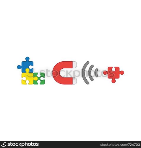 Vector icon concept of three puzzle pieces connected and magnet attracting missing puzzle piece. Colored outlines.