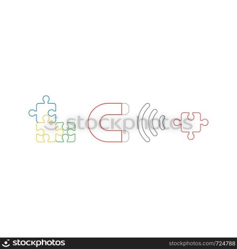 Vector icon concept of three puzzle pieces connected and magnet attracting missing puzzle piece. White background and colored outlines.
