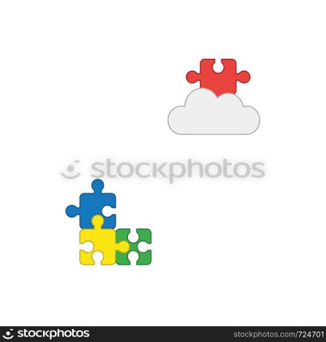 Vector icon concept of three puzzle pieces connected and missing puzzle piece on cloud. Colored outlines.