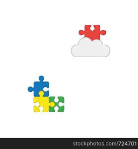 Vector icon concept of three puzzle pieces connected and missing puzzle piece on cloud. Colored outlines.