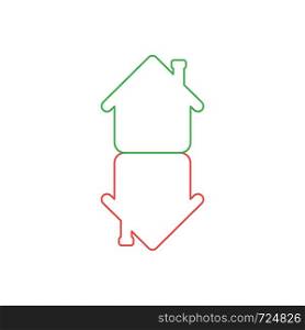 Vector icon concept of two houses in an arrow shape moving up and down. White background and colored outlines.