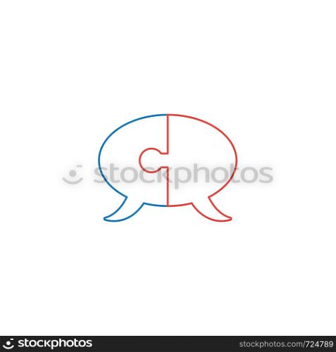 Vector icon concept of two part puzzle pieces speech bubbles connected. White background and colored outlines.