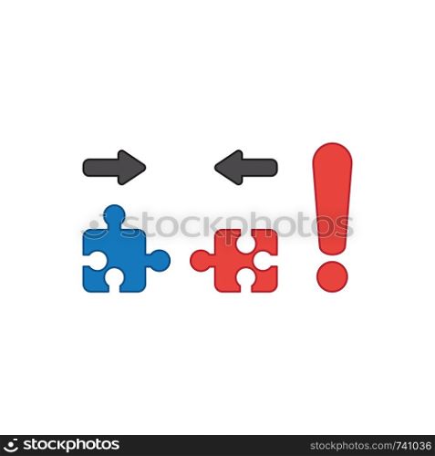 Vector icon concept of two pieces of yellow and blue jigsaw puzzle pieces that are incompatible with each other and red exclamation mark. Colored outlines.