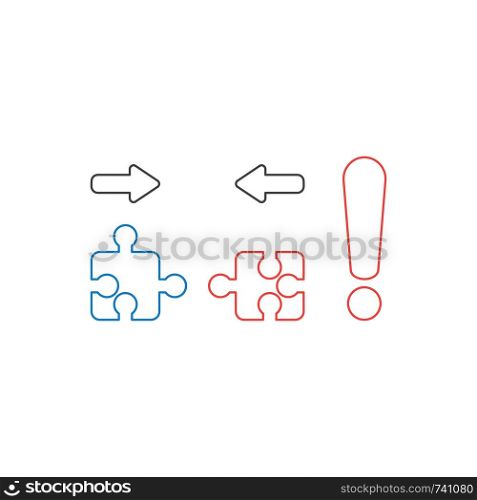Vector icon concept of two pieces of yellow and blue jigsaw puzzle pieces that are incompatible with each other and red exclamation mark. White background and colored.