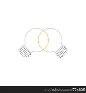 Vector icon concept of unite ideas, grey light bulbs, teamwork, glowing light bulb, symbolizes good idea. White background and colored outlines.