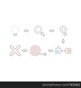 Vector icon concept of unsuccess with grey light bulb bad idea, magnifying glass, gears, incompatible jigsaw puzzle pieces, bulls eye and dart in the side and x mark. White background and colored.