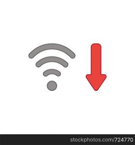 Vector icon concept of wifi wireless with arrow moving down symbolizing bad, slow internet connection. Colored outlines.