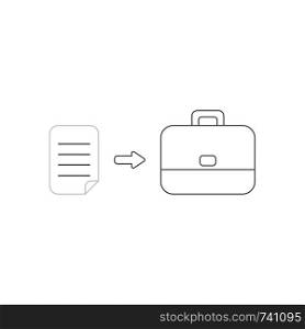 Vector icon concept of written paper into black briefcase. White background and colored.
