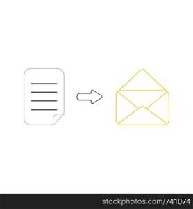 Vector icon concept of written paper into yellow open envelope mail. White background and colored.