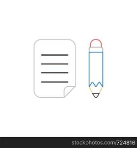 Vector icon concept of written paper with pencil. White background and colored outlines.