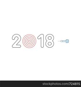 Vector icon concept of year of 2018 word text with bulls eye and dart. White background and colored outlines.
