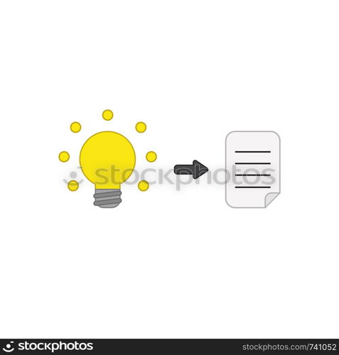 Vector icon concept of yellow glowing light bulb and written paper. Colored outlines.