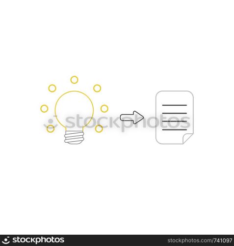 Vector icon concept of yellow glowing light bulb and written paper. White background and colored.