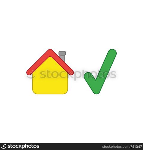 Vector icon concept of yellow house with green check mark. Colored outlines.