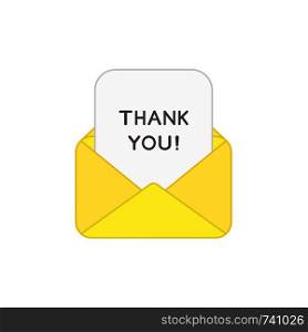 Vector icon concept of yellow open envelope mail or message with thank you written on paper. Colored outlines.